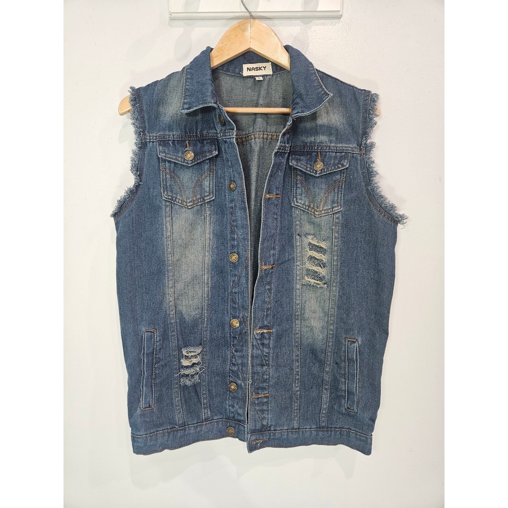 Nasky Women Medium Wash Distressed Denim Vest Frayed Sleeveless Jacket Small